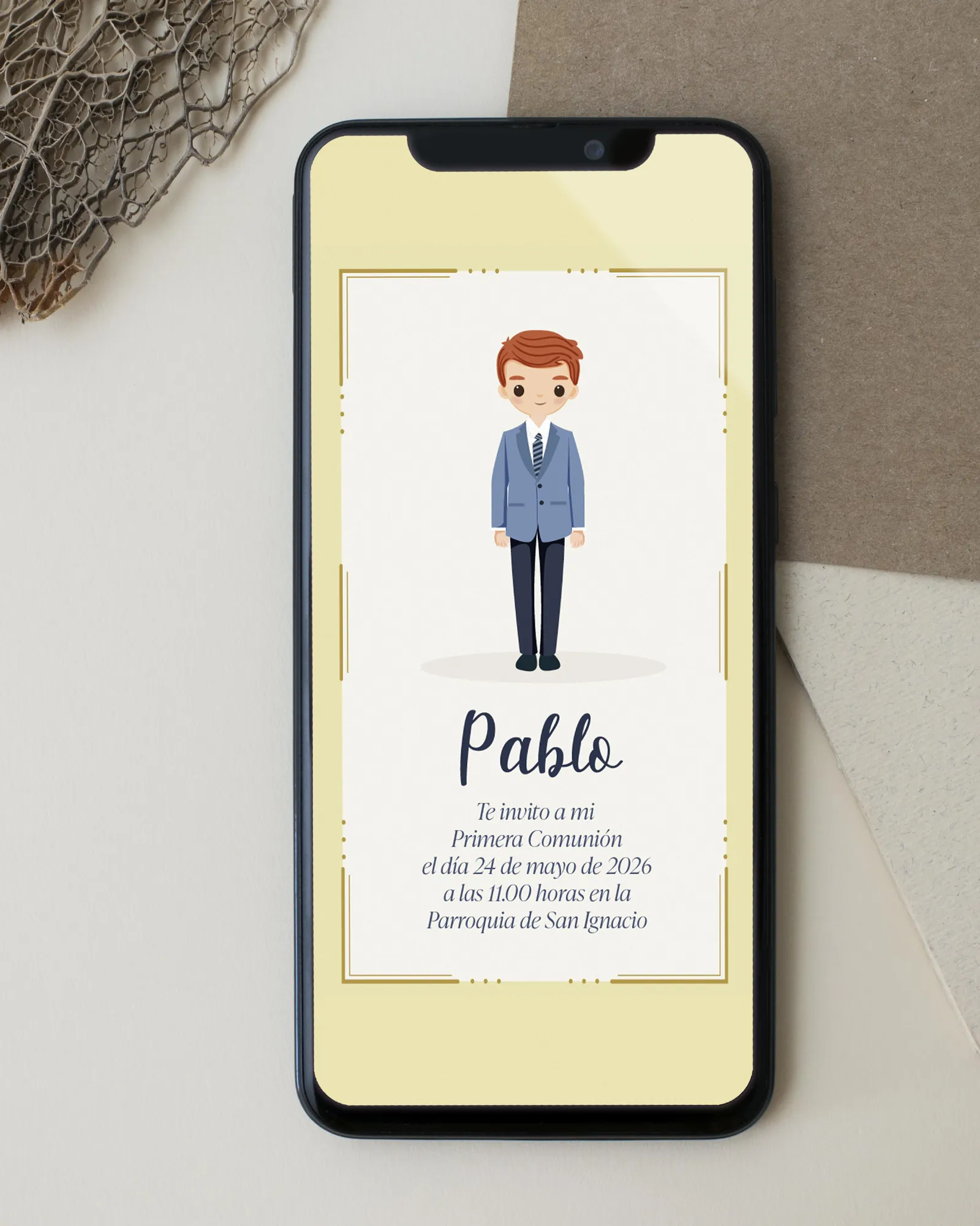 Invitación digital de primera comunión personalizada en tonos azul elegante