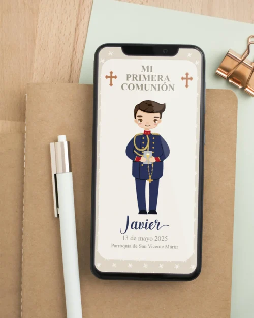 Invitación digital de primera comunión personalizada con uniforme de gala para niño