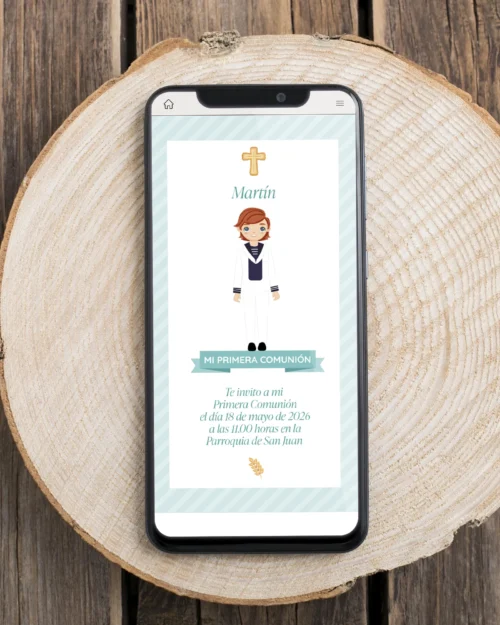 Invitación digital de primera comunión personalizada con niño marinero