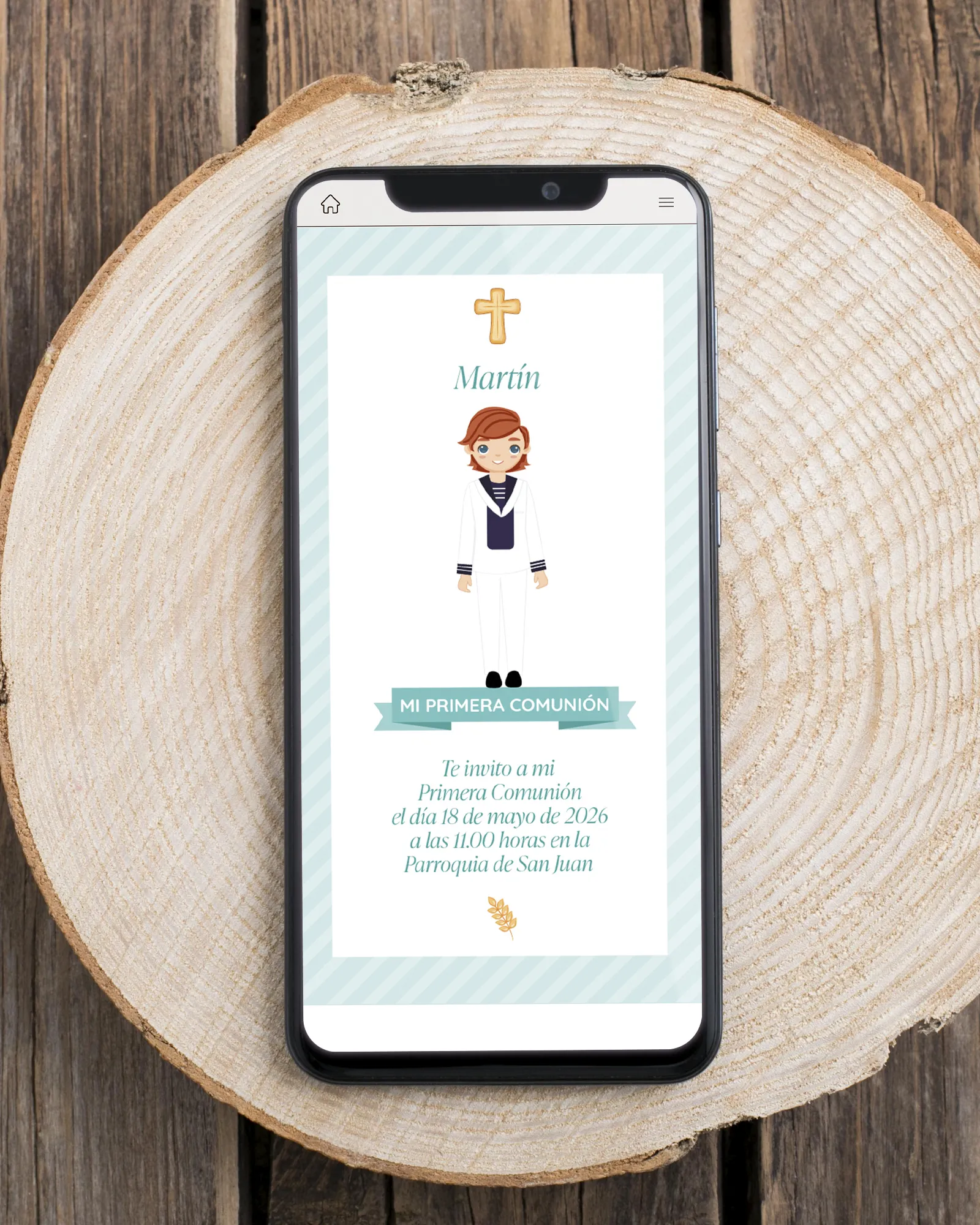 Invitación digital de primera comunión personalizada con niño marinero