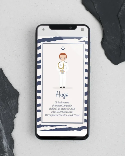 Invitación digital de primera comunión personalizada con traje almirante blanco