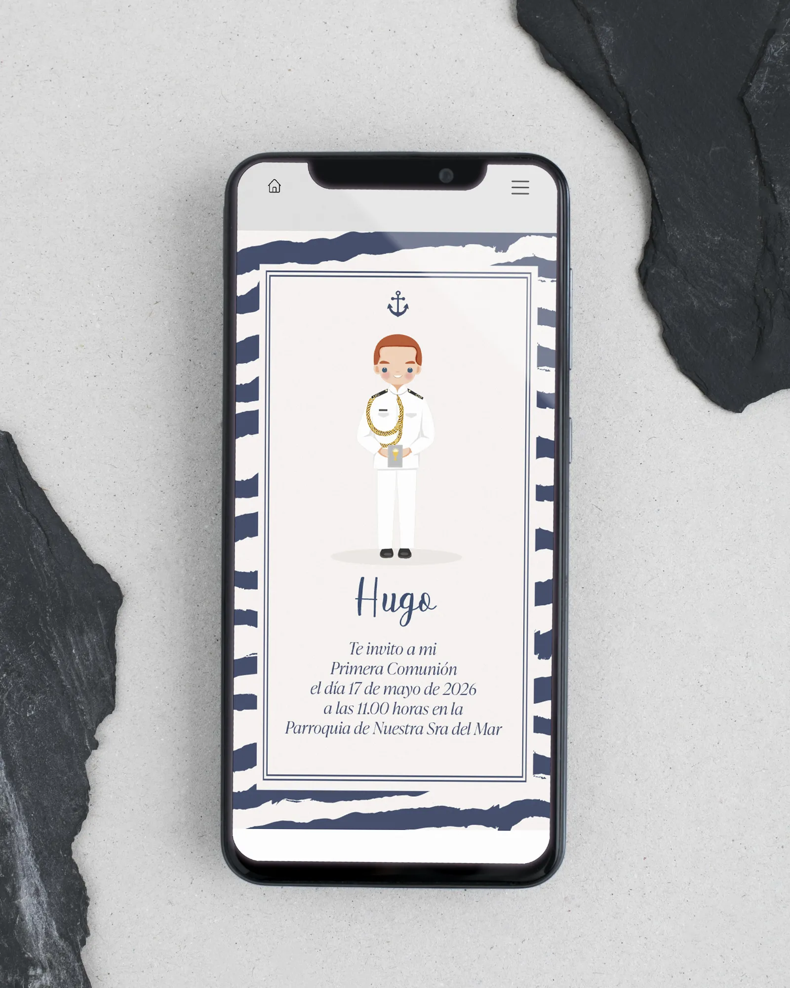 Invitación digital de primera comunión personalizada con traje almirante blanco