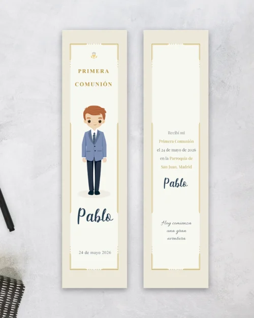 Marcapáginas de primera comunión personalizado estilo Elegancia azúl para niño