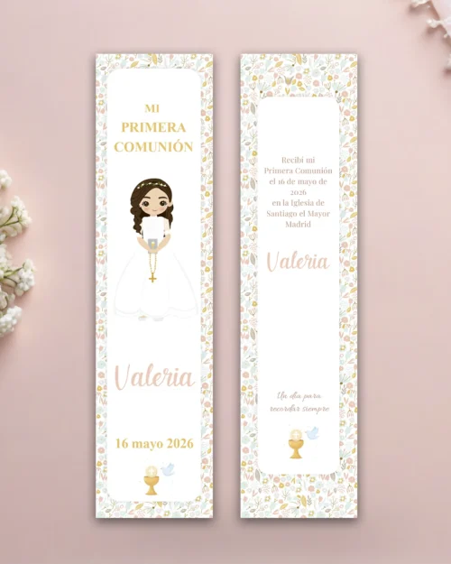 Marcapáginas de primera comunión personalizado estilo romántica floral para niña