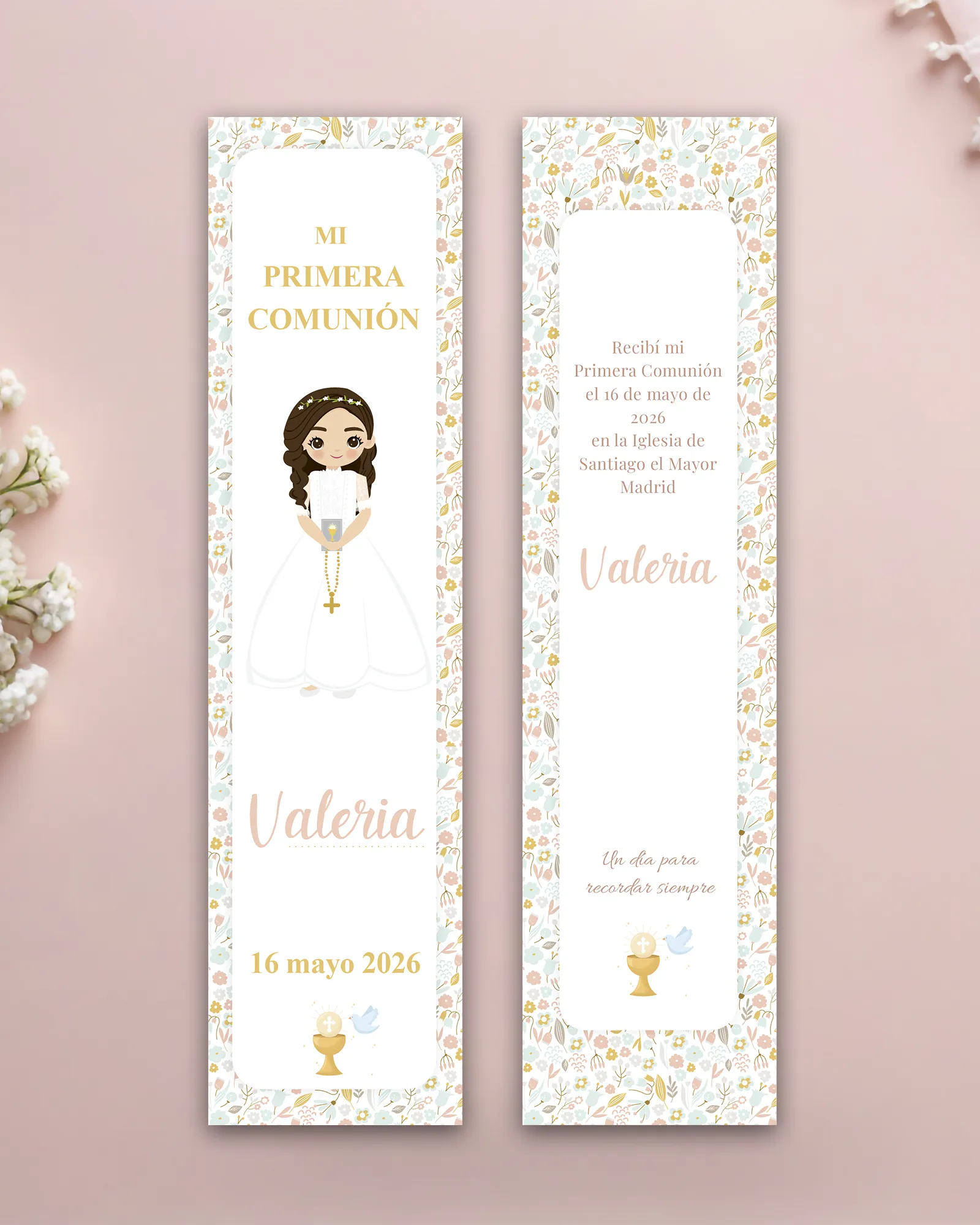 Marcapáginas de primera comunión personalizado estilo romántica floral para niña