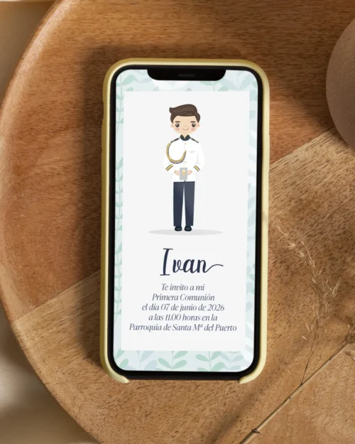 Invitación digital de primera comunión personalizada estilo clásico moderno para niño