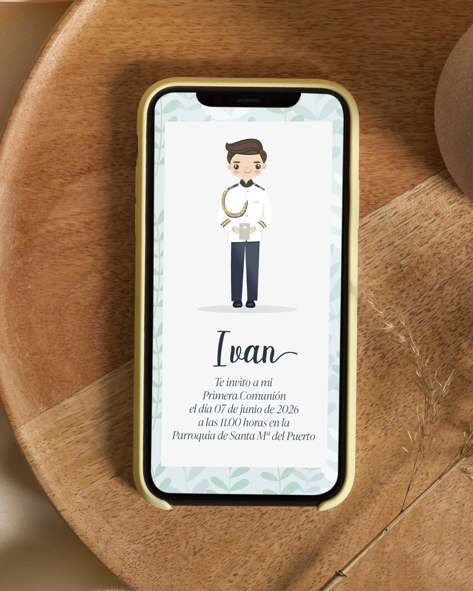 Invitación digital de primera comunión personalizada estilo clásico moderno para niño