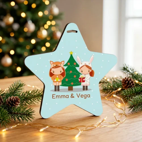 Adorno estrella personalizado con dos peques navideñas y nombres