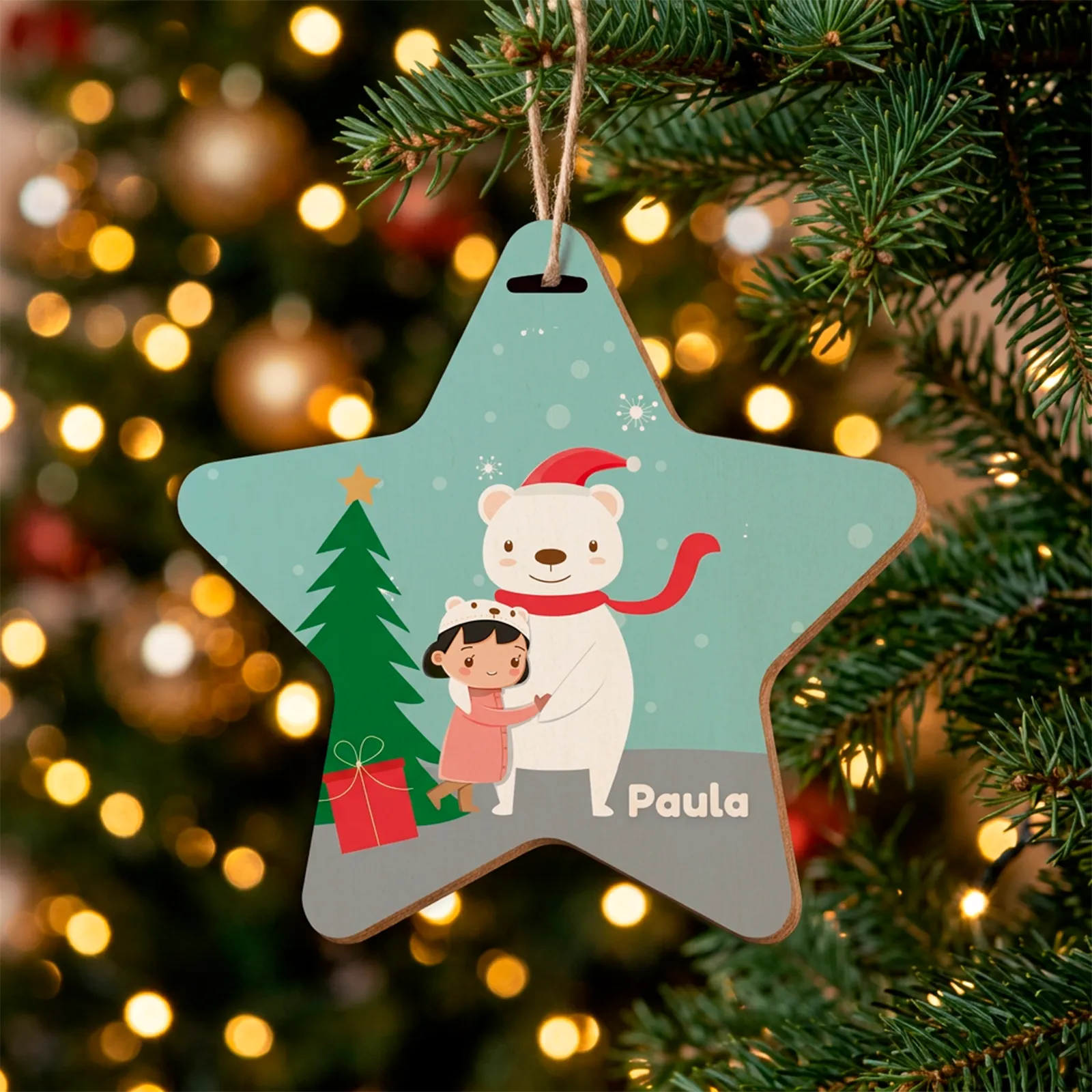 Adorno estrella personalizado con niña, oso polar y nombre - Imagen 2
