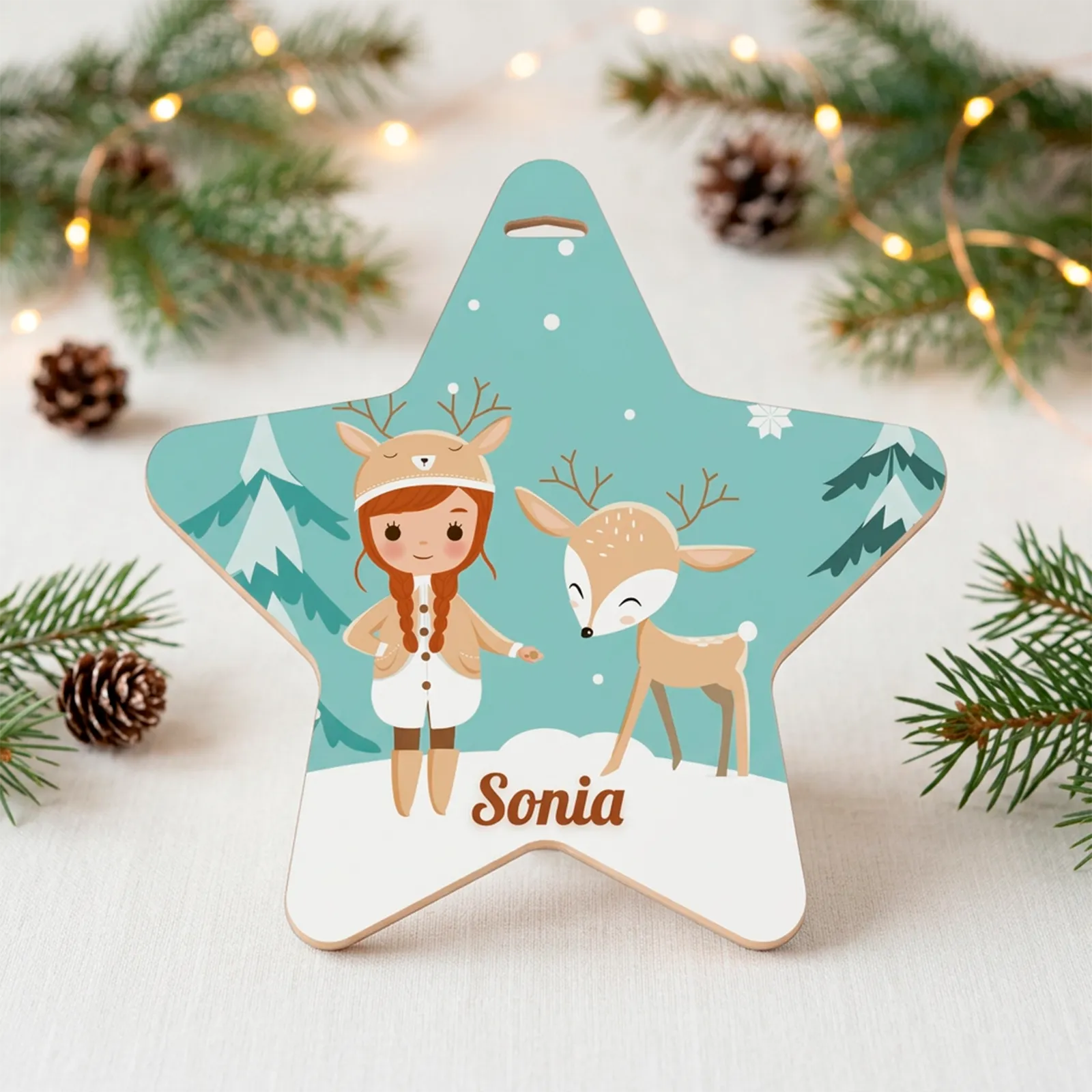 Adorno estrella personalizado con niña reno y nombre - Imagen 2