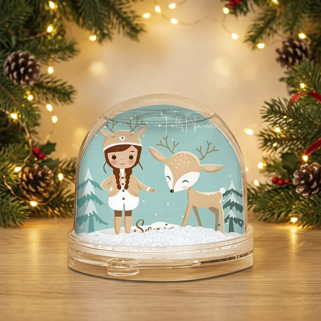 Bola de nieve personalizada con niña reno, cervatillo y foto - Imagen 2