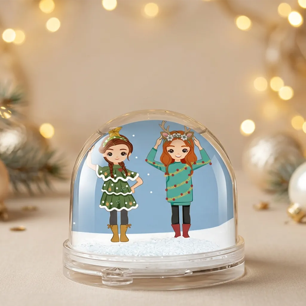 Bola de nieve personalizada con dos chicas navideñas y foto - Imagen 3
