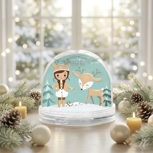 Bola de nieve personalizada con niña reno, cervatillo y foto