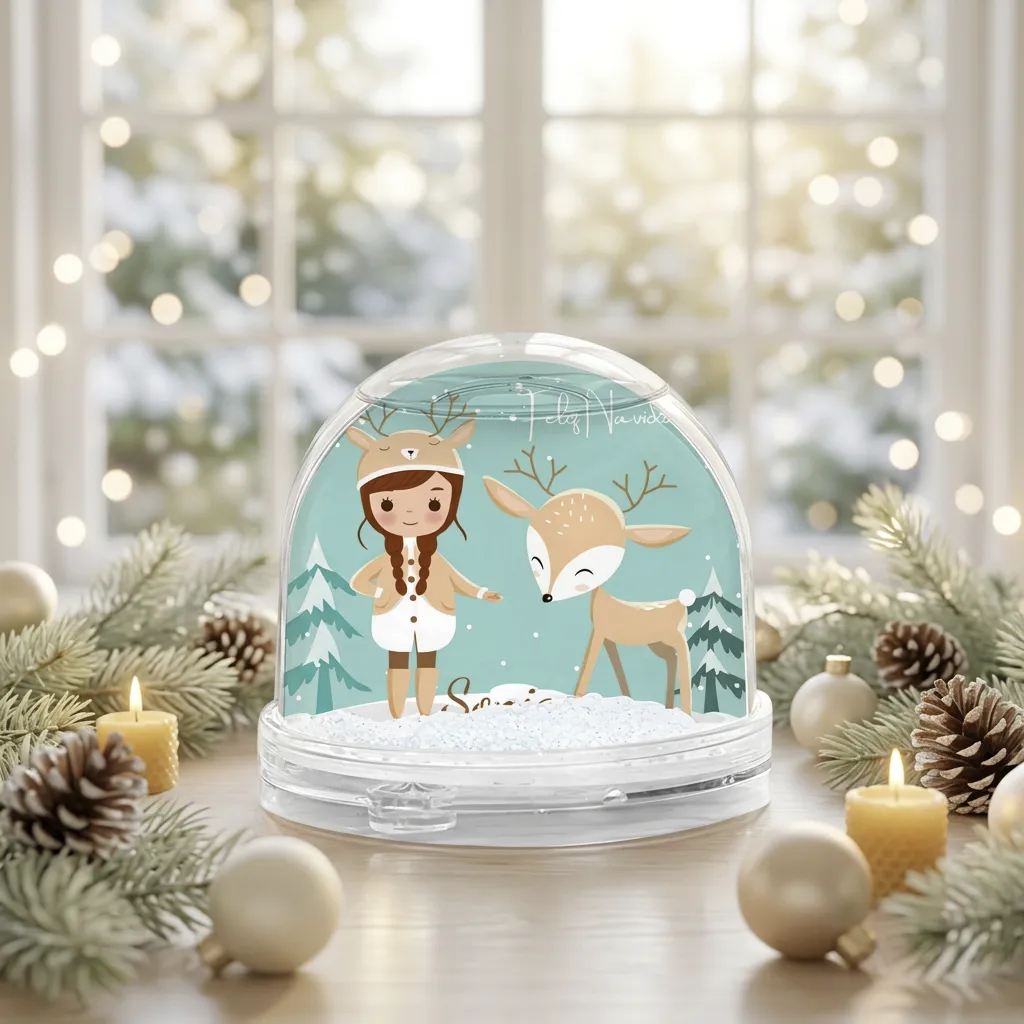 Bola de nieve personalizada con niña reno, cervatillo y foto