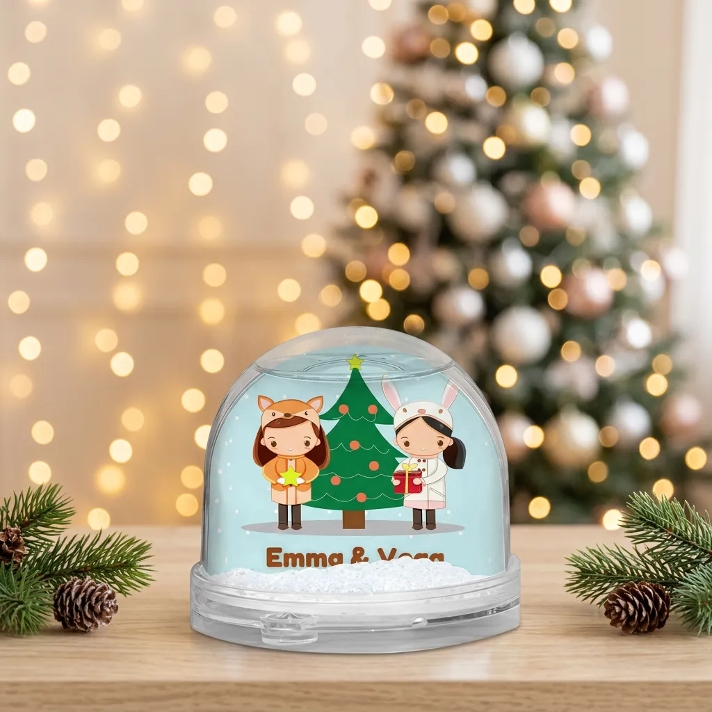 Bola de nieve personalizada con dos peques navideñas y foto - Imagen 2