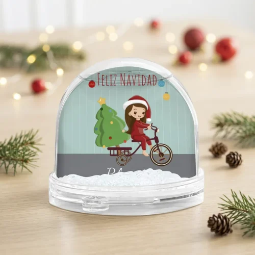 Bola de nieve personalizada con niño o niña en bici y foto