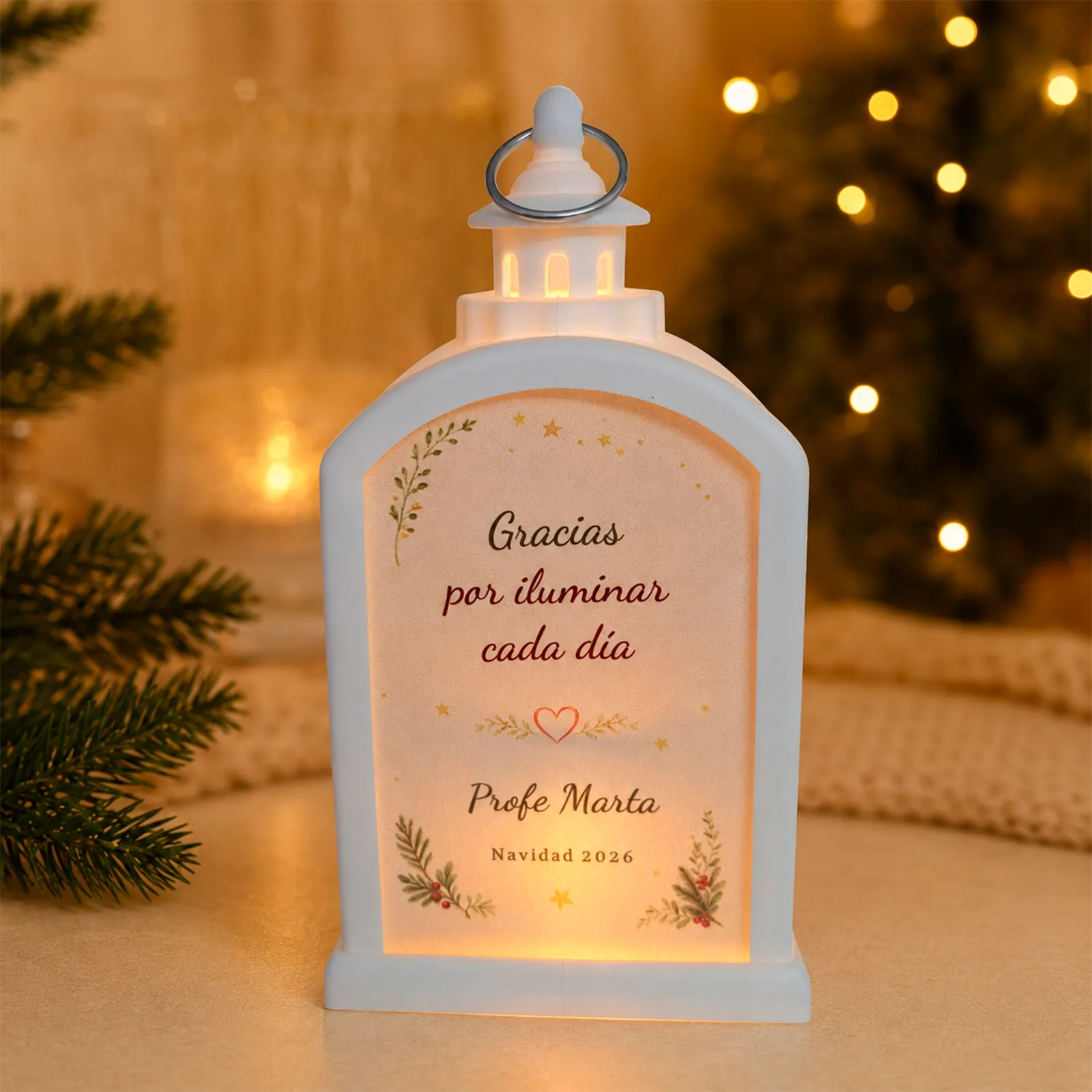 Farolillo LED navideño personalizado para profes con foto atras blanco