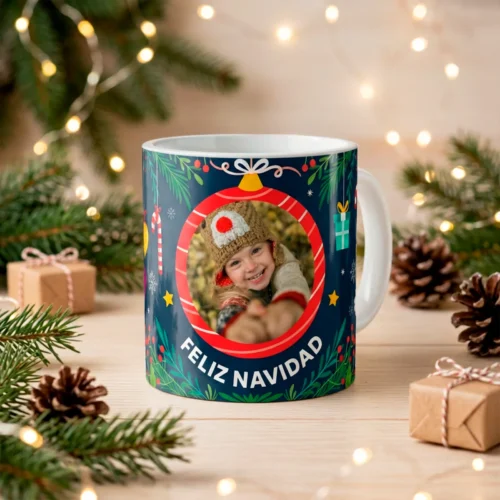 Taza de Navidad personalizada con foto en una bola navideña