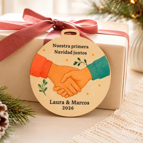 Adorno navideño para pareja personalizado con los nombres Laura y Marcos, presentado junto a un regalo.