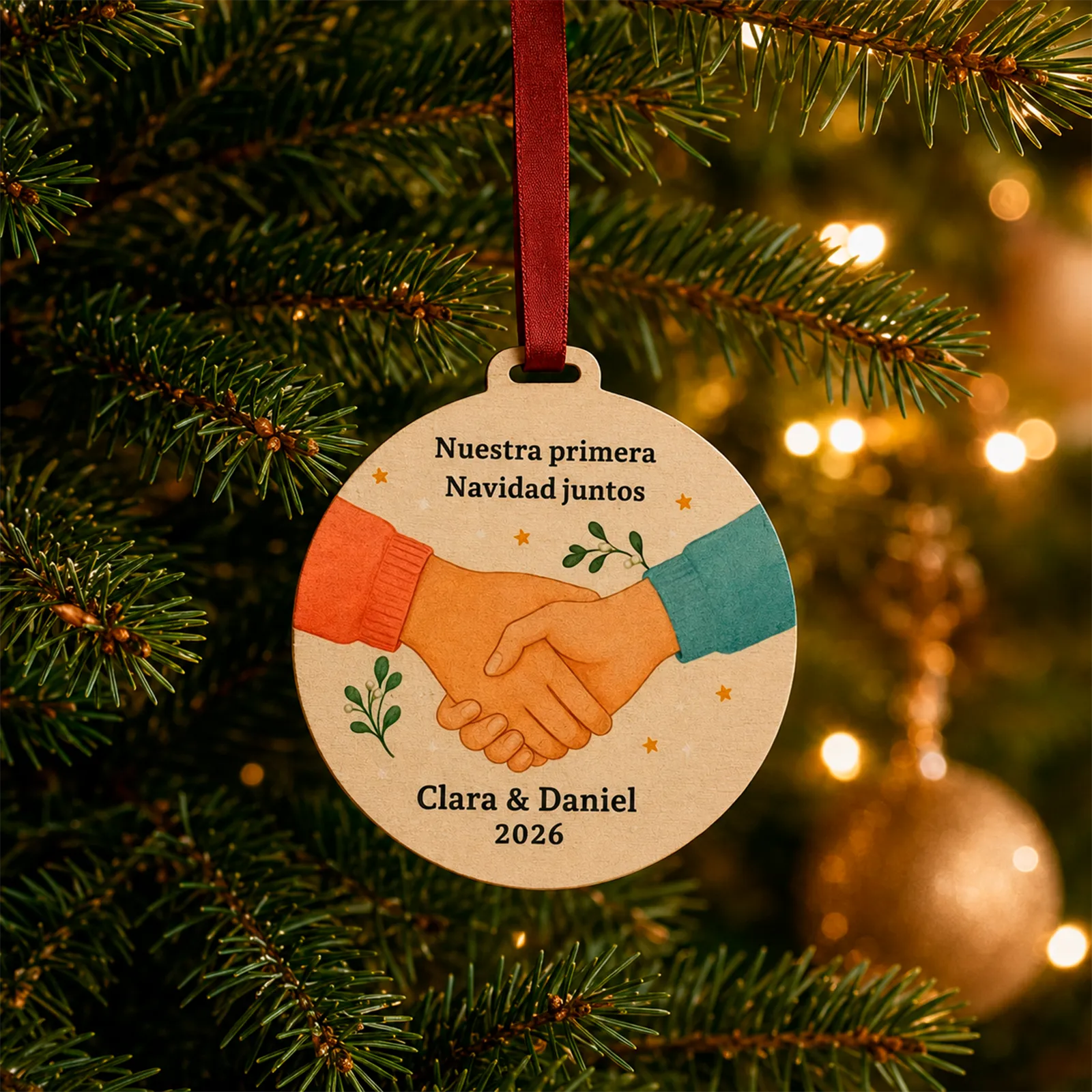 Adorno de primera Navidad juntos personalizado con los nombres Clara y Daniel, colgado en el árbol de Navidad.