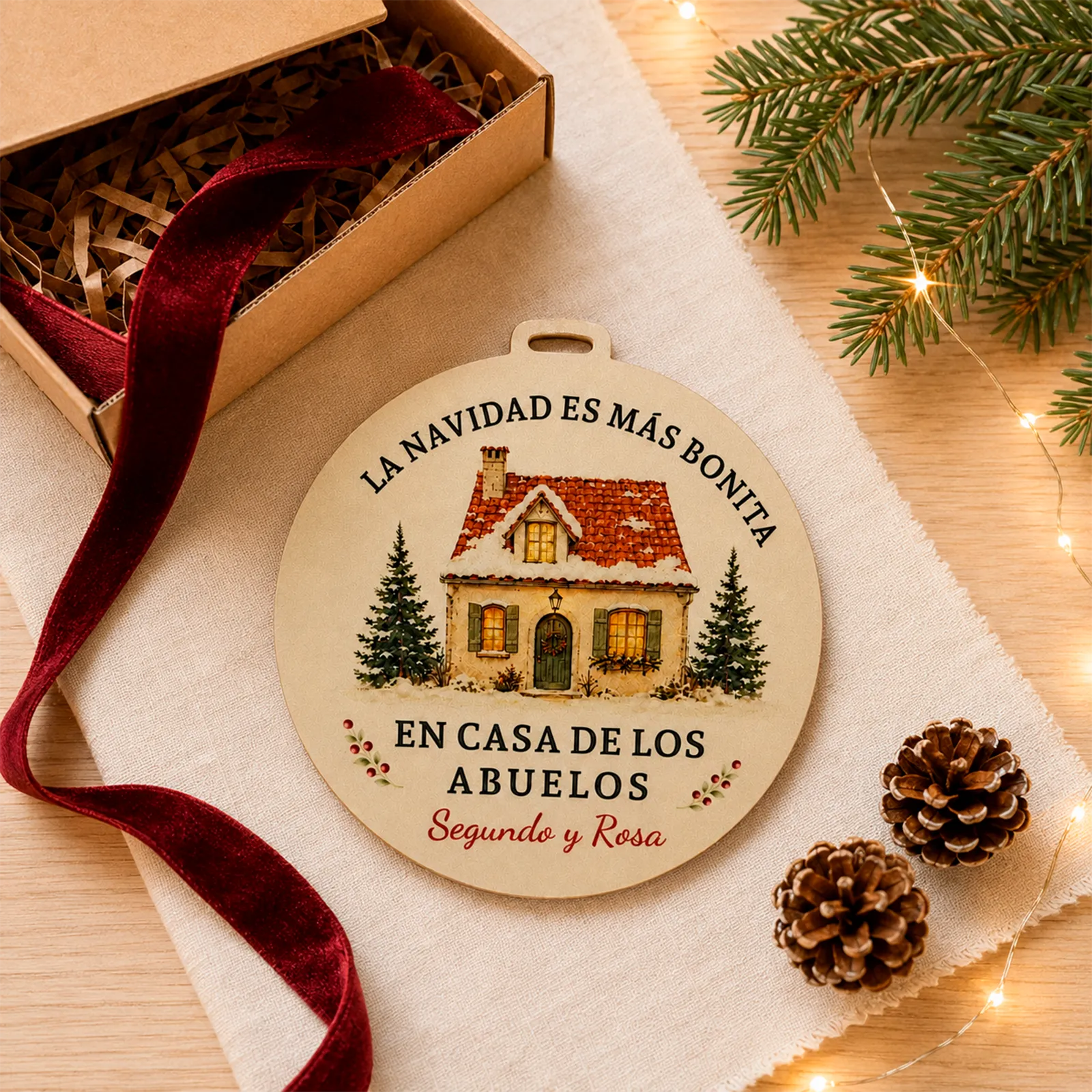 Adorno de Navidad para abuelos personalizado con nombres, presentado junto a un regalo.