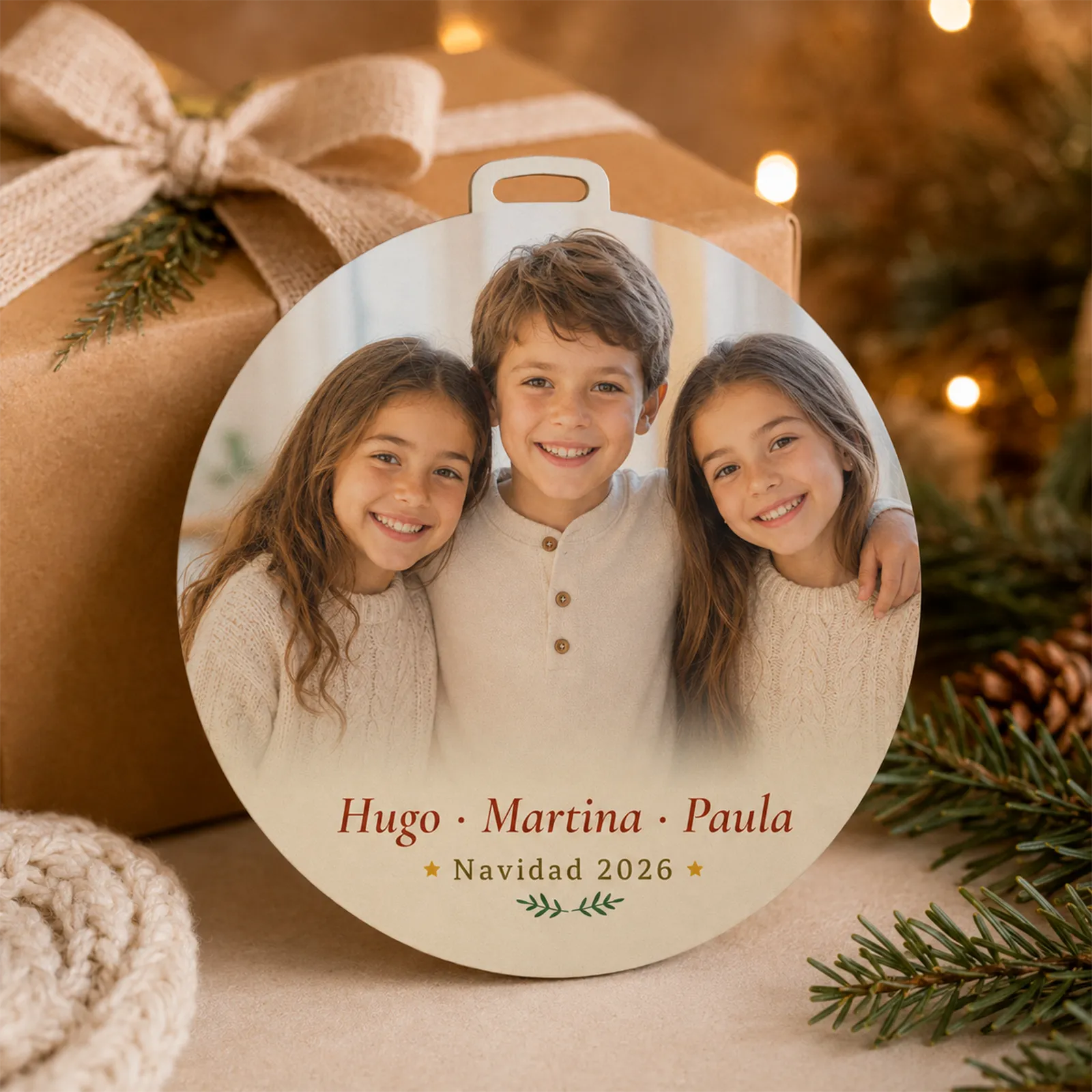 Adorno navideño personalizado con la foto y los nombres de un niño y dos niñas, presentado junto a un regalo.