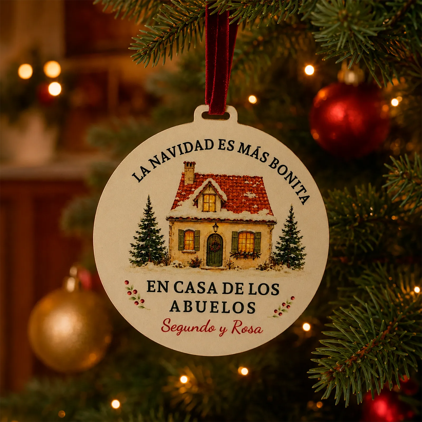 Adorno navideño personalizado con los nombres de los abuelos, sobre un fondo navideño claro.