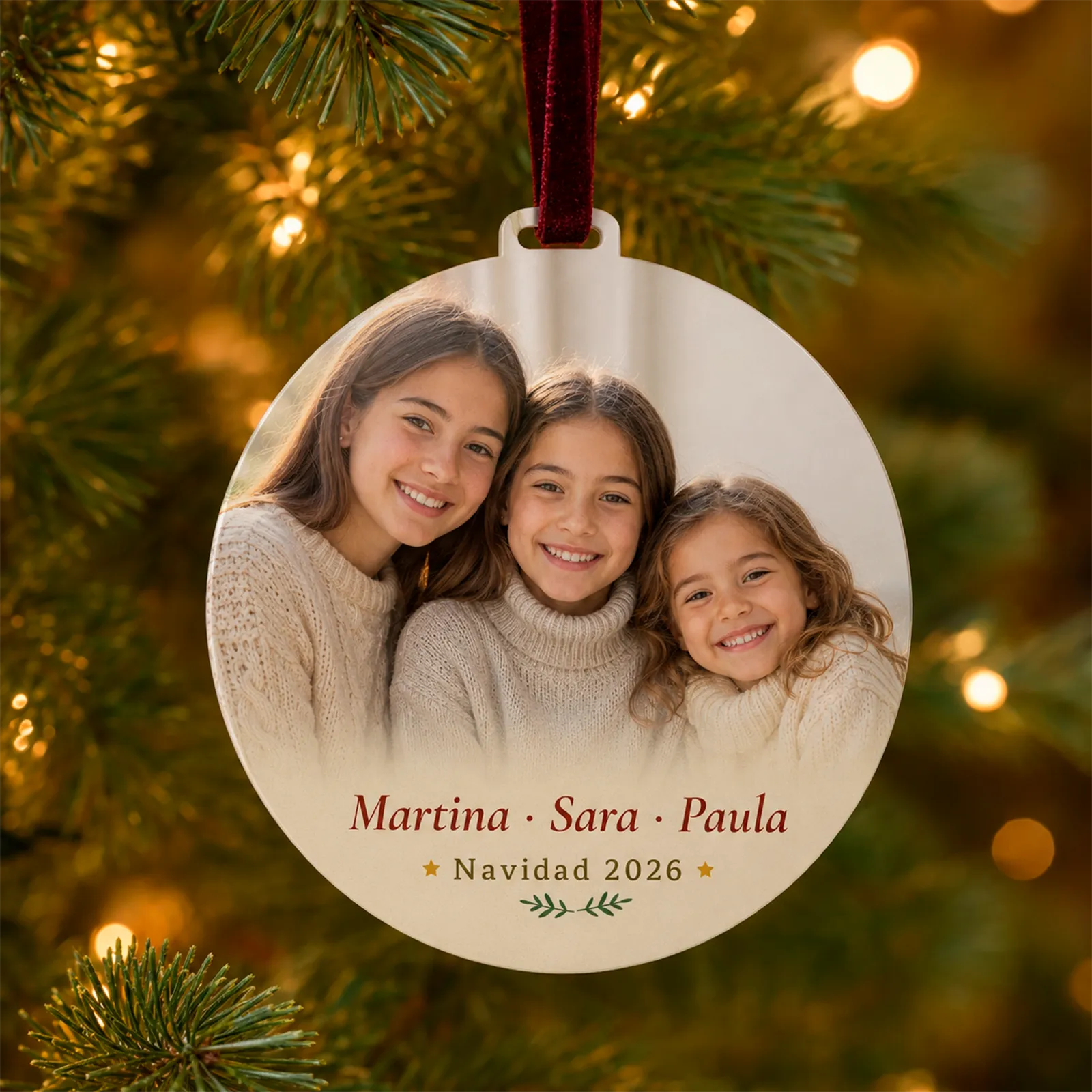 Adorno navideño personalizado con foto y nombres de tres niñas, colgado en el árbol de Navidad.