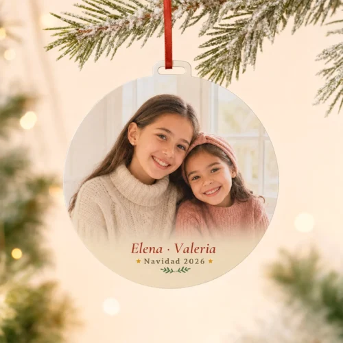 Adorno de Navidad personalizado con la foto y los nombres de dos hermanas, sobre un fondo navideño luminoso.