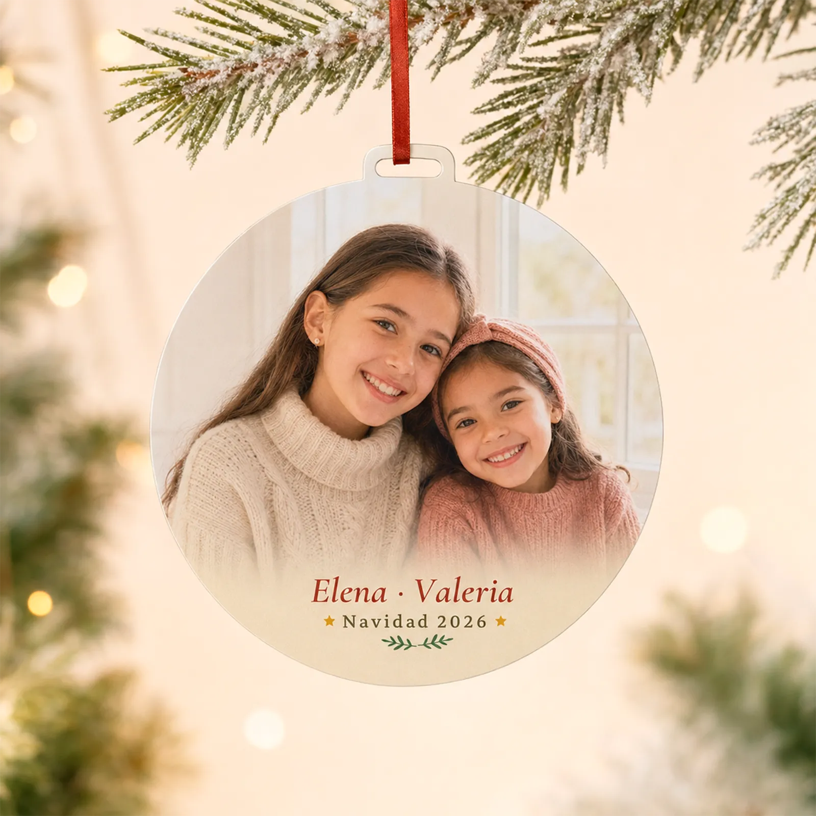 Adorno de Navidad personalizado con la foto y los nombres de dos hermanas, sobre un fondo navideño luminoso.