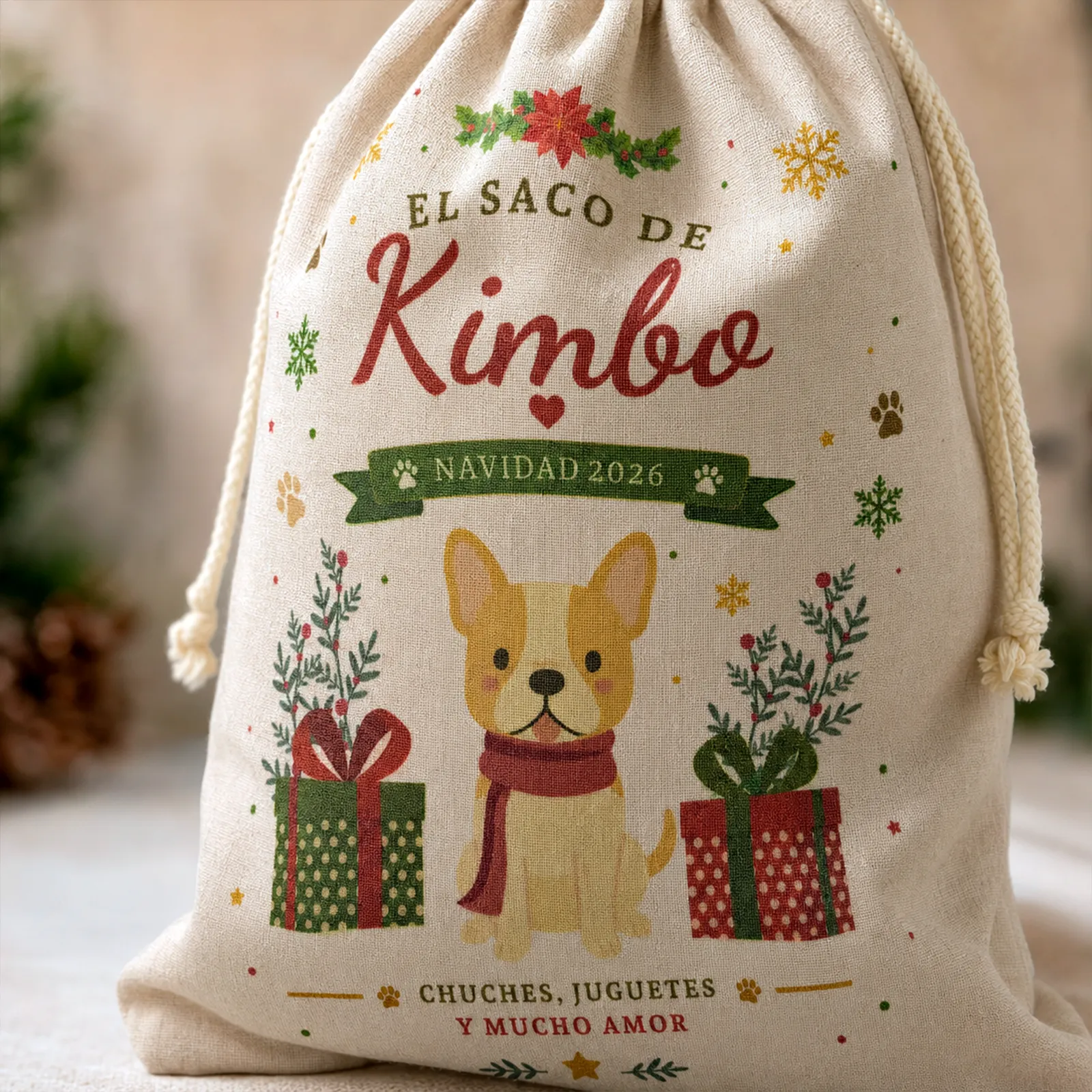 Detalle del saco navideño para mascotas personalizado en tejido símil lino
