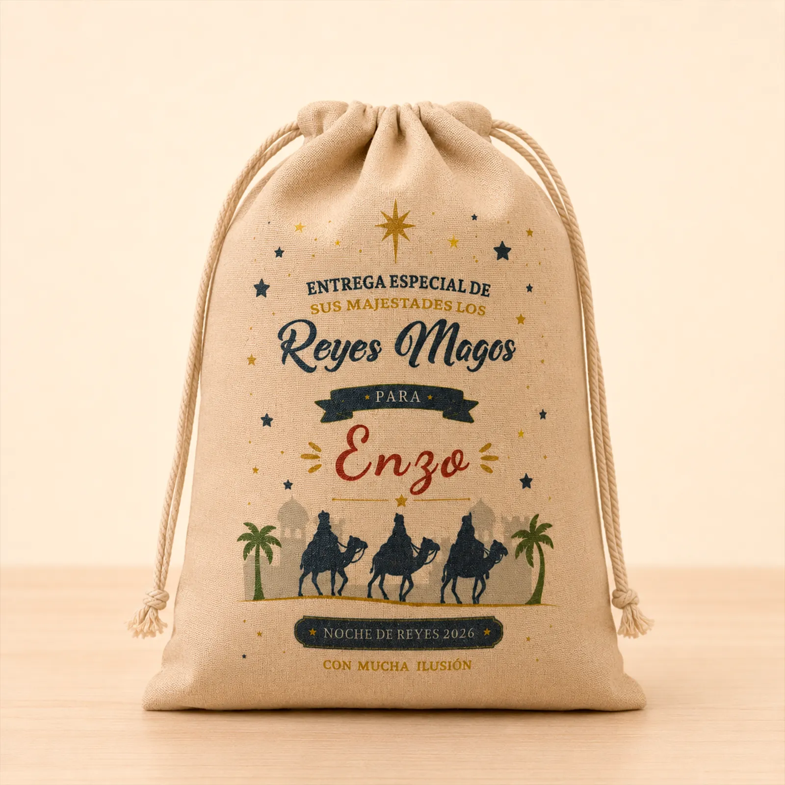 Saco de Reyes Magos personalizado con nombre y siluetas de camellos