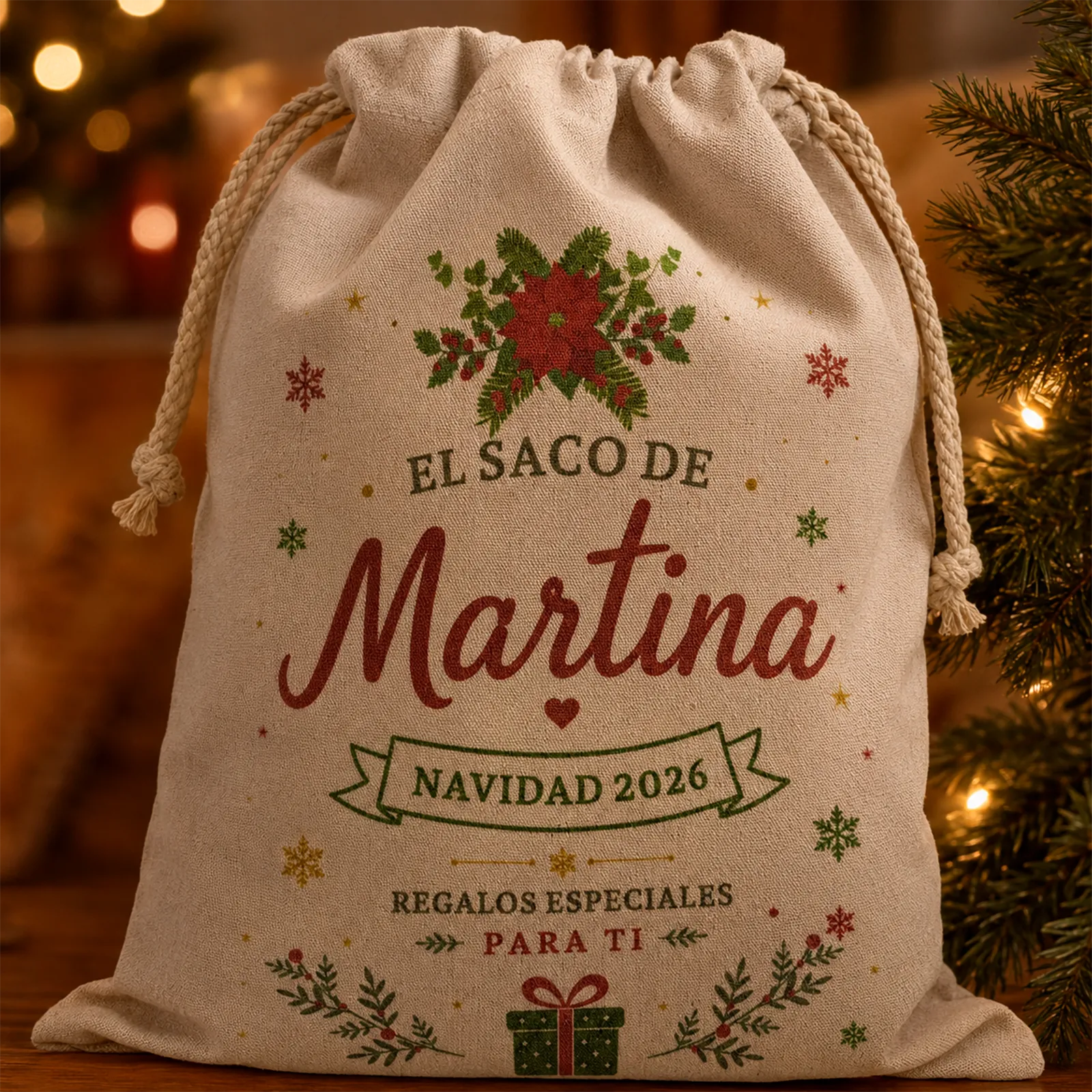 Detalle del saco de Navidad personalizado en tejido símil lino