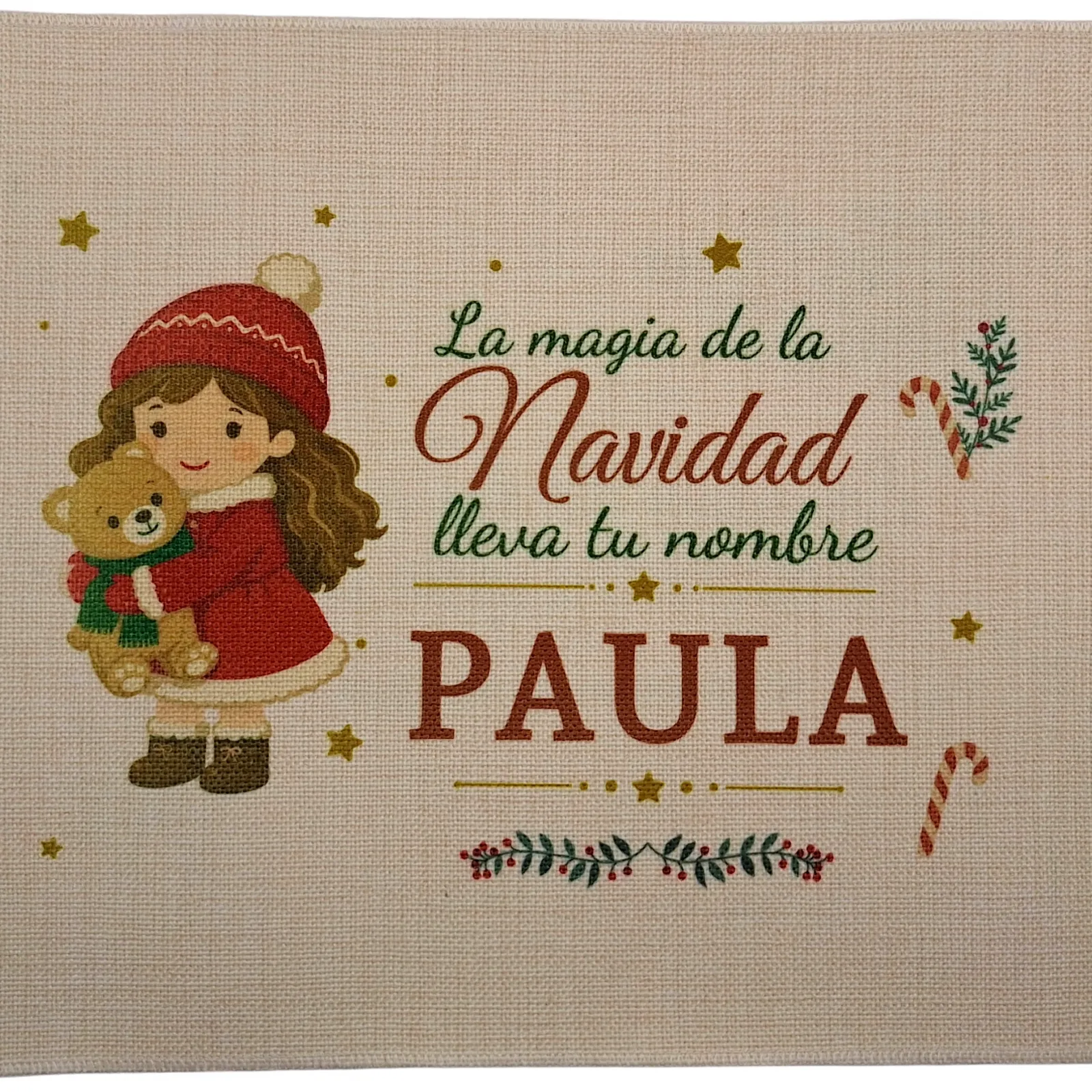 Detalle de la impresión y la textura del salvamantel navideño personalizado de Paula.