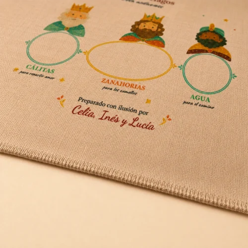 Detalle del salvamantel de Reyes Magos personalizado con nombres