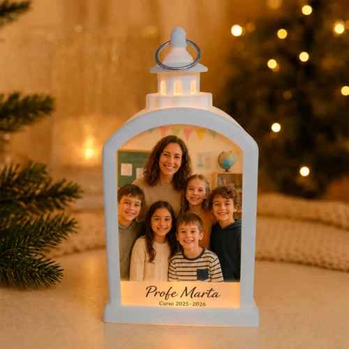 Farolillo LED navideño personalizado para profes con foto delante blanco
