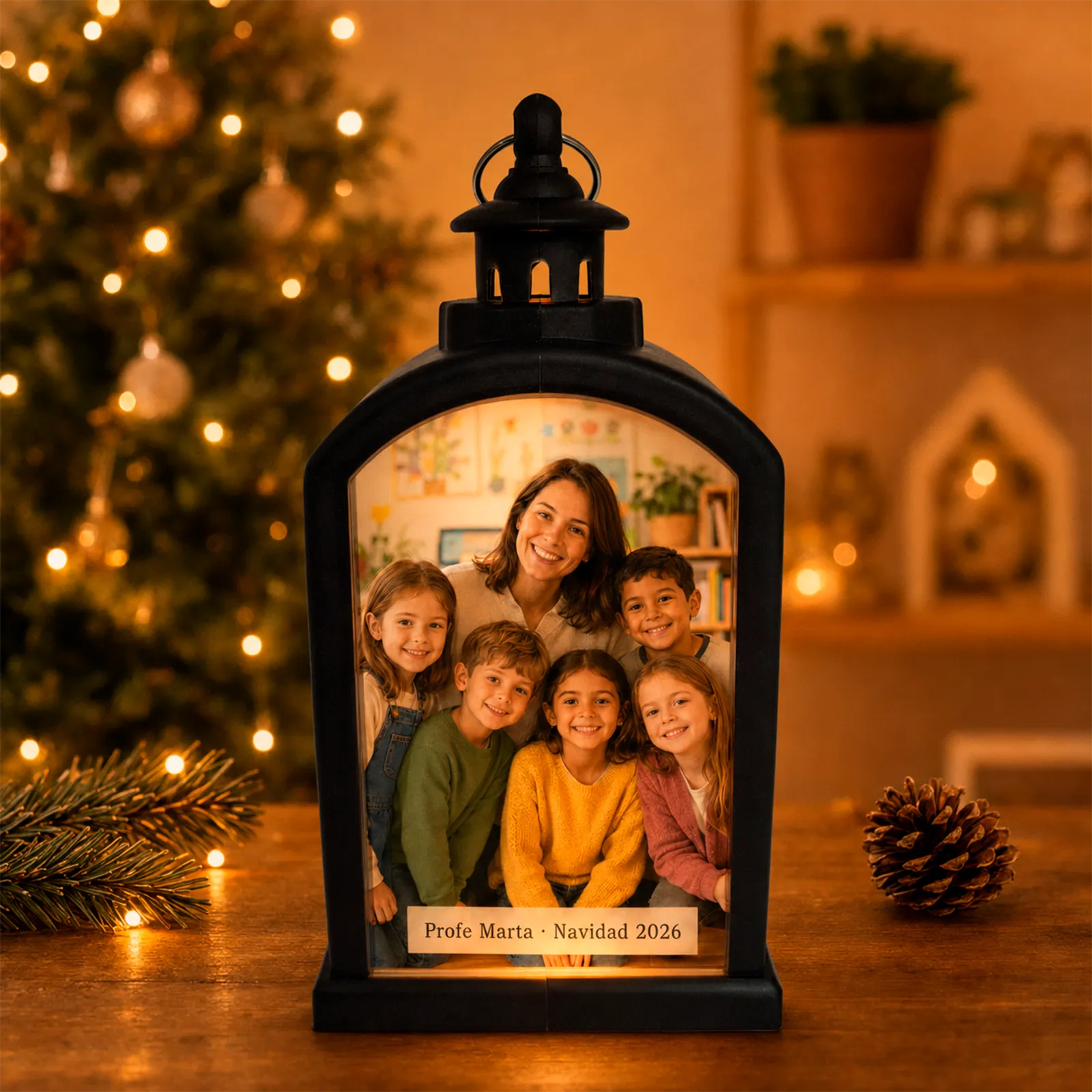 Farolillo LED navideño personalizado para profes con foto delante negro