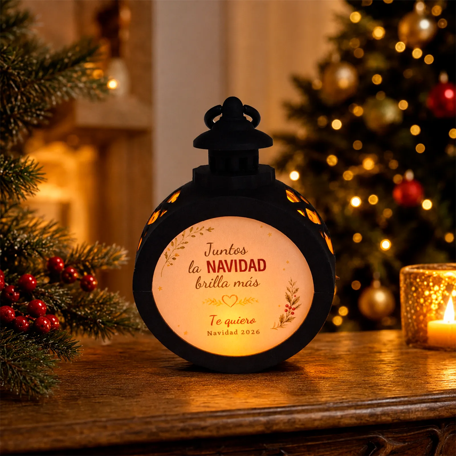 Farolillo LED redondo negro personalizado para parejas con dedicatoria navideña «Juntos la Navidad brilla más», iluminado en un ambiente cálido.