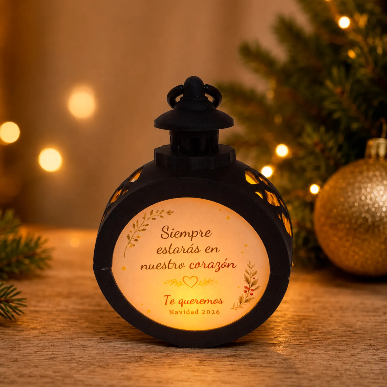 Farolillo LED redondo negro conmemorativo con la dedicatoria «Siempre estarás en nuestro corazón», encendido en un ambiente navideño cálido.