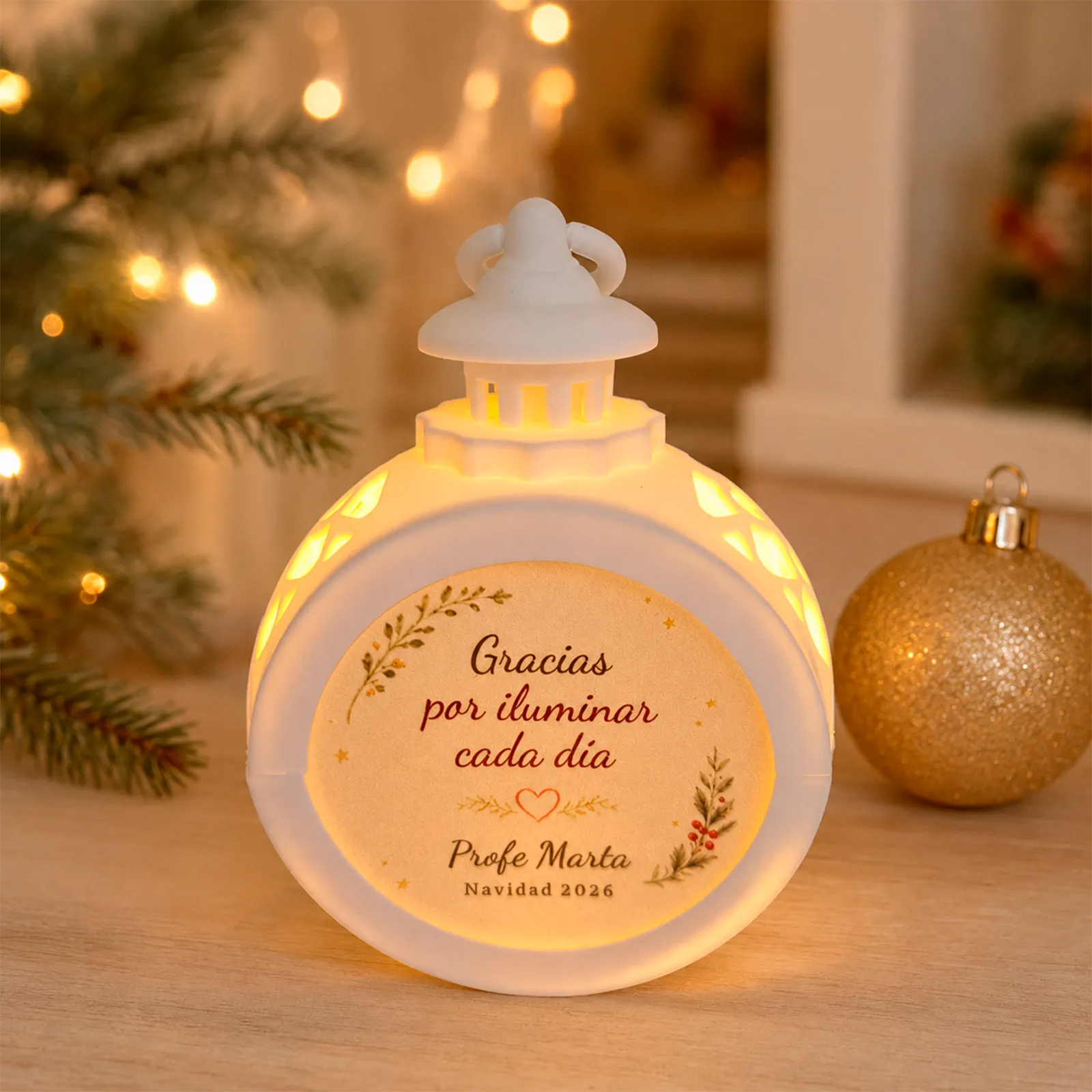 Farolillo LED redondo blanco personalizado para una profesora con la frase «Gracias por iluminar cada día», encendido en un ambiente navideño.