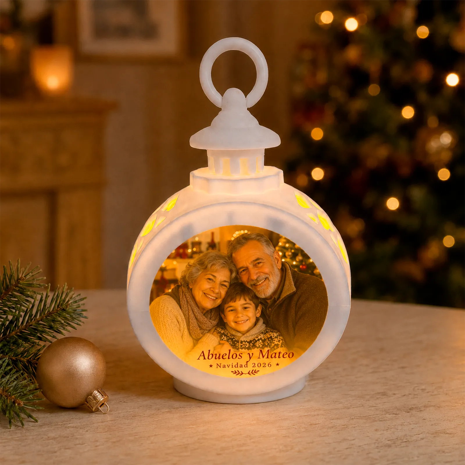 Farolillo LED redondo blanco personalizado con fotografía de unos abuelos y su nieto, nombres y Navidad 2026.