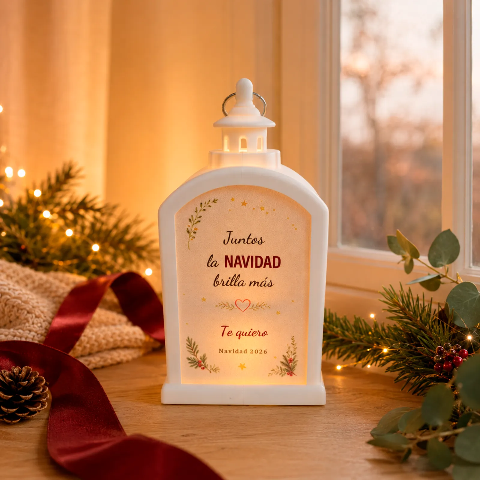 Parte trasera de farolillo LED blanco para parejas con dedicatoria navideña personalizada y luz cálida.