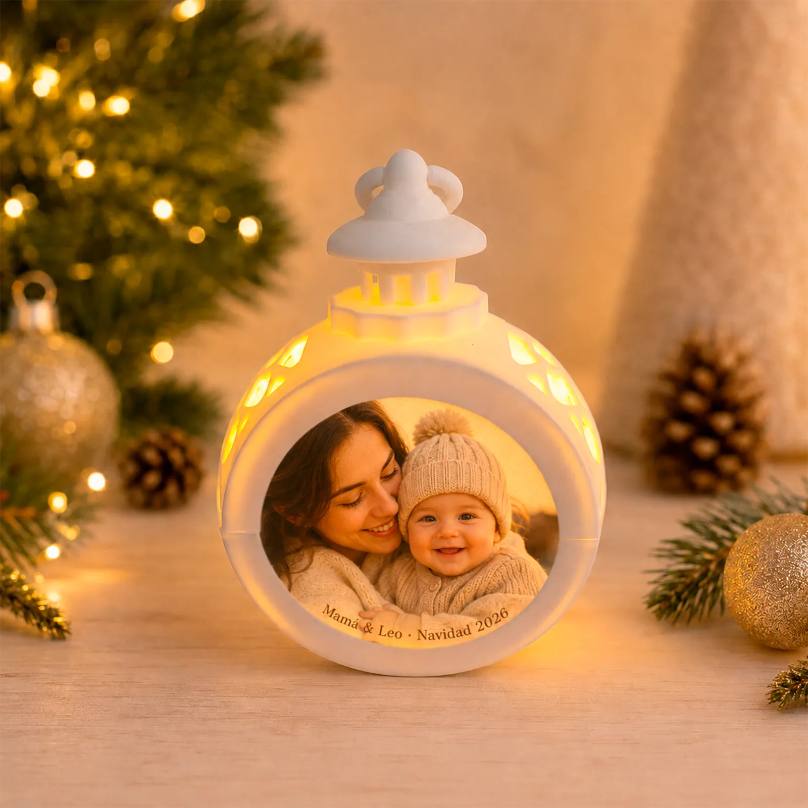Farolillo LED redondo blanco personalizado con fotografía de una mamá y su bebé, nombres y Navidad 2026.