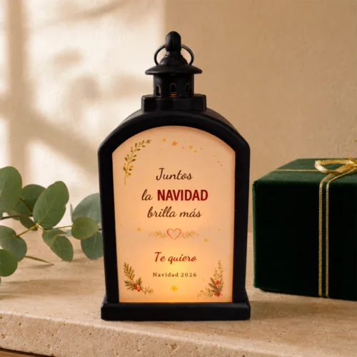 Parte trasera de farolillo LED negro para parejas con dedicatoria navideña personalizada y luz cálida.