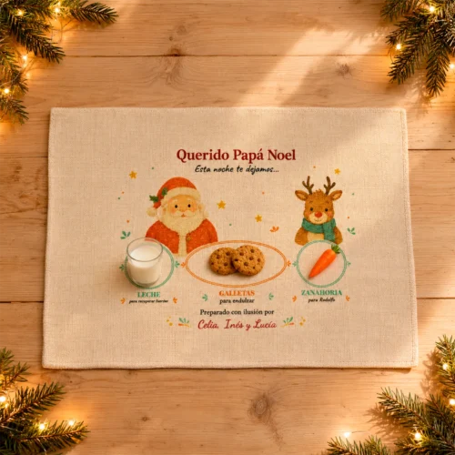 Mantel personalizado para Papá Noel y Rodolfo con espacios para leche, galletas y zanahoria