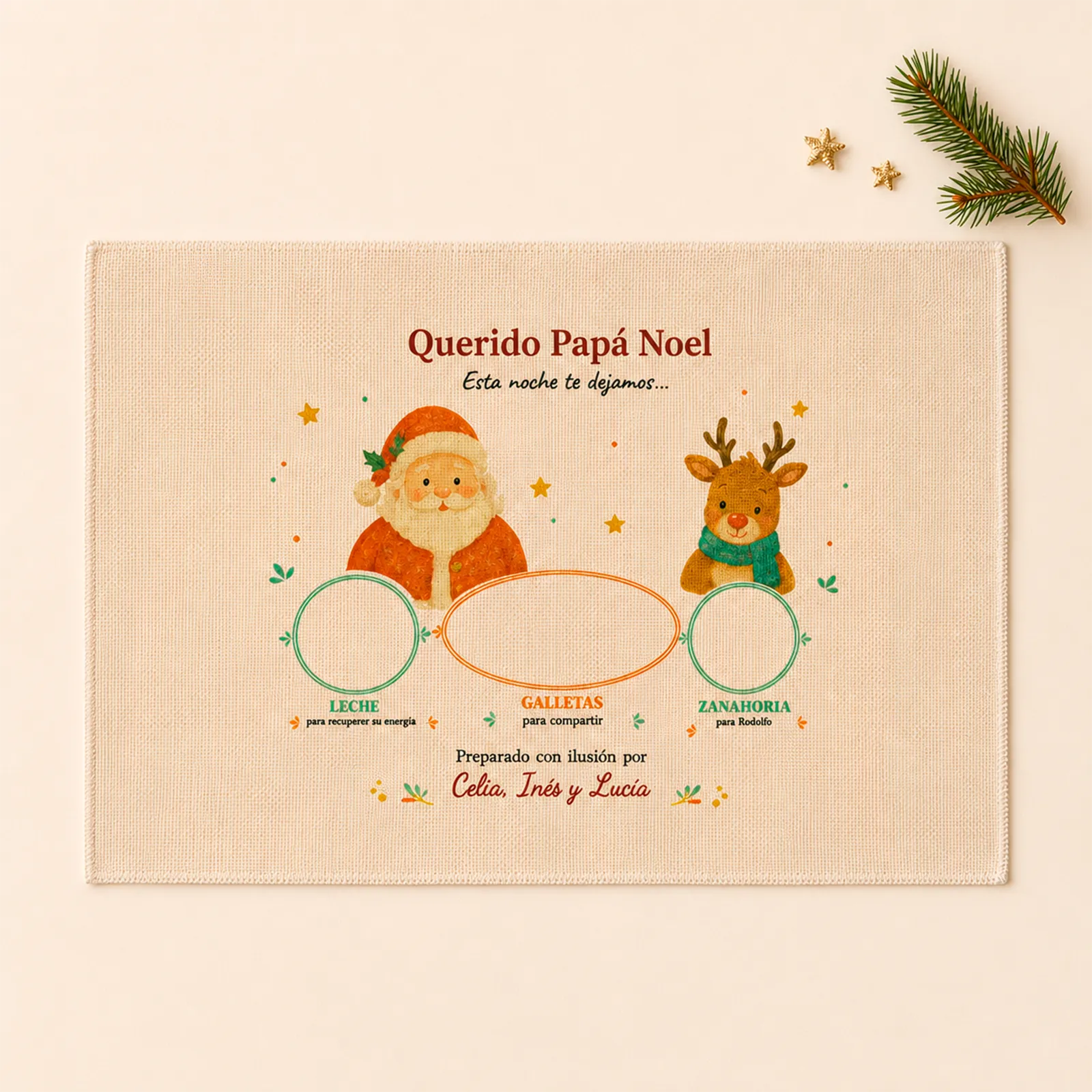 Mantel de Papá Noel preparado con leche, galletas y zanahoria para Rodolfo