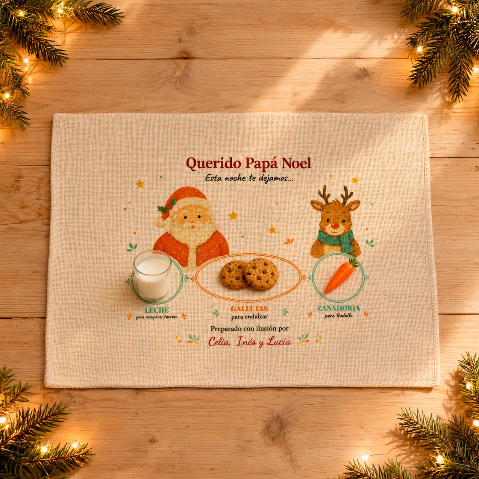 Mantel personalizado para Papá Noel y Rodolfo con espacios para leche, galletas y zanahoria