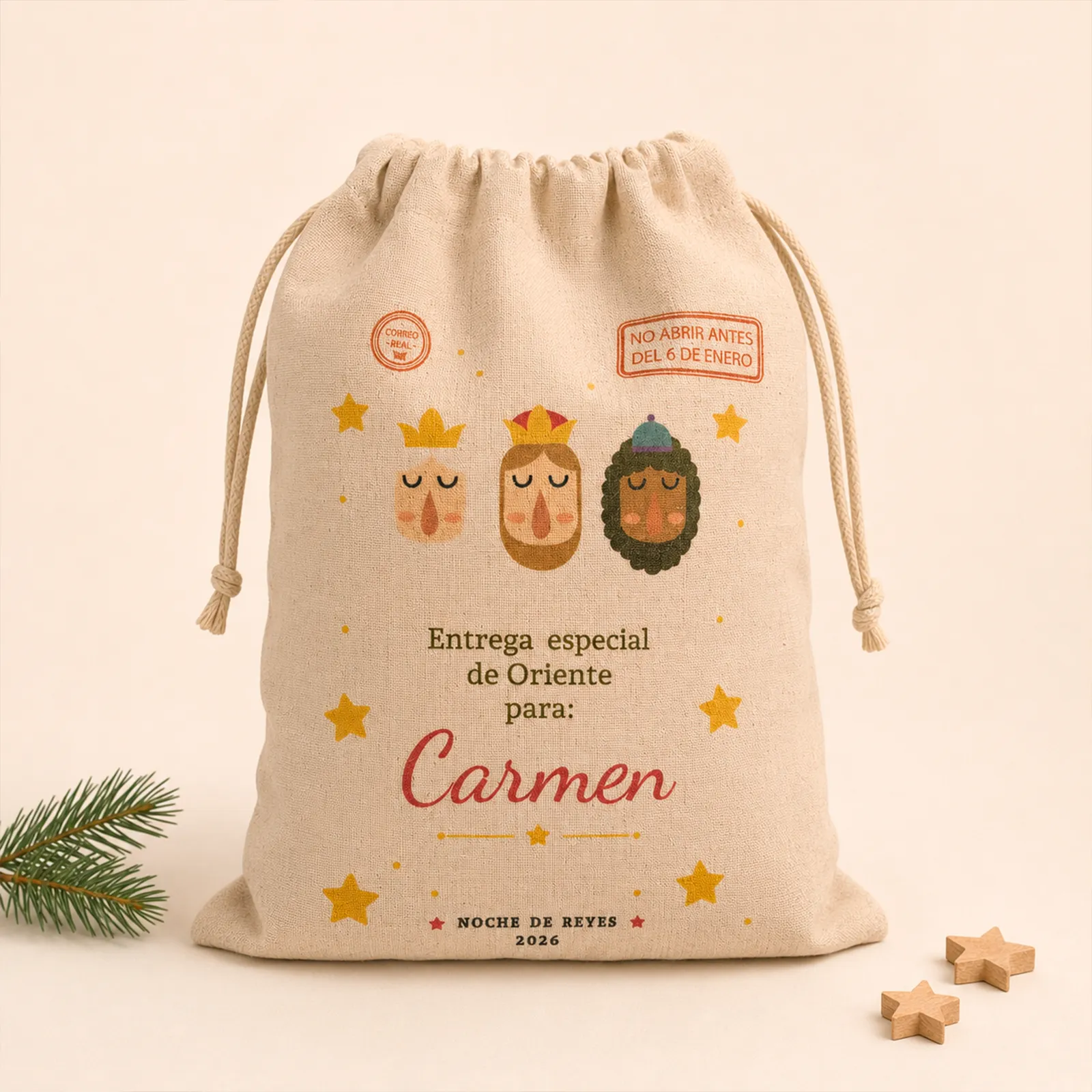 Saco infantil de Reyes Magos personalizado con el nombre Carmen