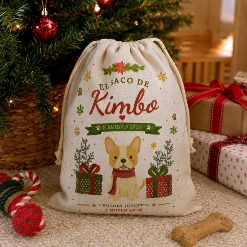 Saco de Navidad para mascotas personalizado con el nombre Kimbo