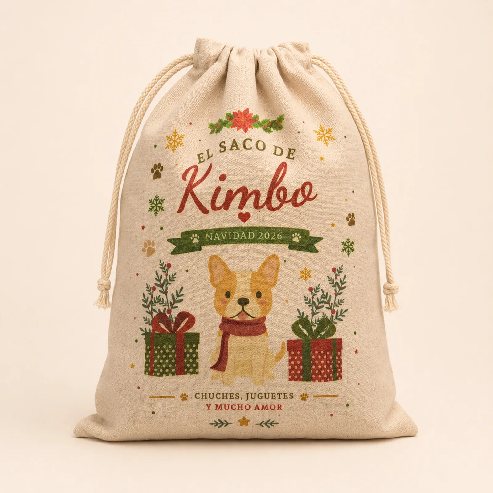 Saco personalizado para regalos de mascota con el nombre Kimbo